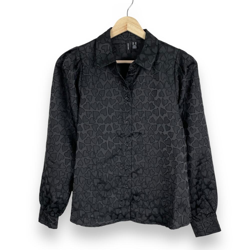 Vero Moda Black Heart Pattern Button Up Shirt Size XS Long Sleeve Dark Romance